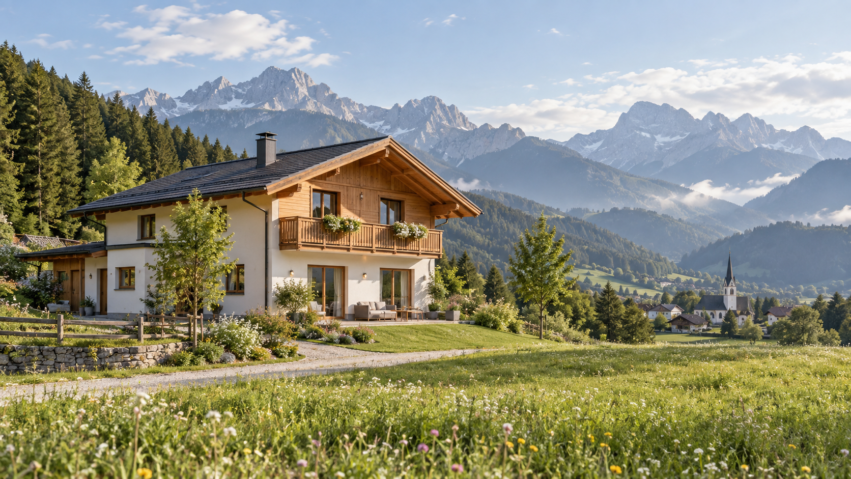 Alpenhaus am Dorfrand mit Wiese, Wald und vollständigem Bergpanorama