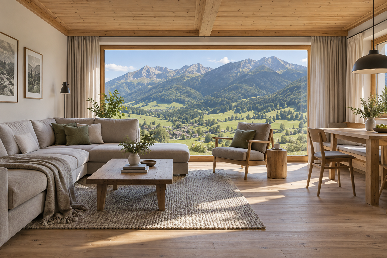 Heller Wohnraum mit Holzdetails und weitem Blick auf ein grünes Alpental